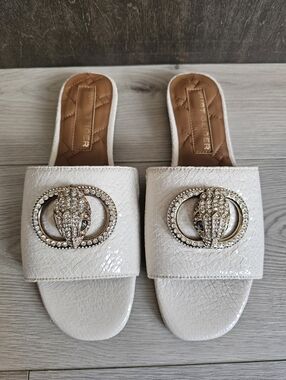 Kurt Geiger Chelsea Flat Slip On Bone Leather Eagle Head Motif Sandal, 38.5 / 8